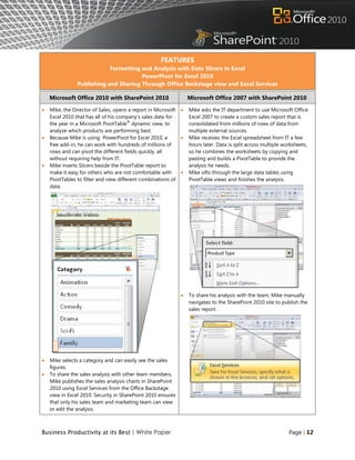 FEATURES
                            Formatting and Analysis with Data Slicers in Excel
                                       PowerPivot for Excel 2010
                Publishing and Sharing Through Office Backstage view and Excel Services

    Microsoft Office 2010 with SharePoint 2010                     Microsoft Office 2007 with SharePoint 2010

   Mike, the Director of Sales, opens a report in Microsoft      Mike asks the IT department to use Microsoft Office
    Excel 2010 that has all of his company‟s sales data for        Excel 2007 to create a custom sales report that is
                                        ®
    the year in a Microsoft PivotTable dynamic view, to            consolidated from millions of rows of data from
    analyze which products are performing best.                    multiple external sources.
   Because Mike is using PowerPivot for Excel 2010, a            Mike receives the Excel spreadsheet from IT a few
    free add-in, he can work with hundreds of millions of          hours later. Data is split across multiple worksheets,
    rows and can pivot the different fields quickly, all           so he combines the worksheets by copying and
    without requiring help from IT.                                pasting and builds a PivotTable to provide the
   Mike inserts Slicers beside the PivotTable report to           analysis he needs.
    make it easy for others who are not comfortable with          Mike sifts through the large data tables using
    PivotTables to filter and view different combinations of       PivotTable views and finishes the analysis.
    data.




                                                                  To share his analysis with the team, Mike manually
                                                                   navigates to the SharePoint 2010 site to publish the
                                                                   sales report.




   Mike selects a category and can easily see the sales
    figures.
   To share the sales analysis with other team members,
    Mike publishes the sales analysis charts in SharePoint
    2010 using Excel Services from the Office Backstage
    view in Excel 2010. Security in SharePoint 2010 ensures
    that only his sales team and marketing team can view
    or edit the analysis.



Business Productivity at its Best | White Paper                                                                 Page | 12
 