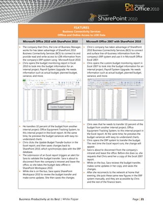 FEATURES
                                         Business Connectivity Services
                                     Offline and Online Access to LOB Data

    Microsoft Office 2010 with SharePoint 2010                    Microsoft Office 2007 with SharePoint 2010

   The company that Chris, the Line-of-Business Manager,        Chris‟s company has taken advantage of SharePoint
    works for has taken advantage of SharePoint 2010              2010 Business Connectivity Services (BCS) to connect
    Business Connectivity Services (BCS) to connect to and        and surface line-of-business information from the
    provide read and write access to LOB information from         company‟s ERP system and use it in Microsoft Office
    the company‟s ERP system using Microsoft Excel 2010.          Excel 2007.
   Chris opens the budget monitoring report in Excel            Chris opens the custom budget monitoring report in
    2010 to look into the budget information for an               Excel 2007 to look into the budget information for an
    internal project, Payroll System Upgrade. He needs            internal project, Payroll System Upgrade. He needs
    information such as actual budget, planned budget,            information such as actual budget, planned budget,
    variance, and more.                                           variance, and more.




                                                                 Chris sees that he needs to transfer 10 percent of the
   He transfers 10 percent of the budget from another            budget from another internal project, Office
    internal project, Office Equipment Tracking System, to        Equipment Tracking System, to this internal project in
    this internal project in the Excel report. At the same        the Excel report. At the same time, he previews the
    time, he previews the budget variances with easy-to-          budget variances with easy-to-understand charts.
    understand charts.                                           Chris opens the ERP system to transfer the budget.
   Chris clicks the Update Budget Transfer button in the         The next time the Excel report runs, the change will
    Excel report, and then saves changes back to                  appear.
    SharePoint 2010, which synchronizes data with the ERP        Sara is about to disconnect from the company‟s
    database.                                                     intranet and leave the office. Before she does so, she
   The submission of an Excel report triggers an alert for       requests that Chris send her a copy of the Excel 2007
    Sara to validate the budget transfer. Sara is about to        report.
    disconnect from the company‟s intranet and leave the         While on the bus, Sara reviews the budget transfer,
    office, so she takes the budget data offline in               makes some updates in her copy, and saves the
    SharePoint Workspace 2010.                                    changes.
   While she is on the bus, Sara opens SharePoint               After she reconnects to the network at home that
    Workspace 2010 to review the budget transfer and              evening, she puts these same new figures in the ERP
    make some updates. She then saves the changes.                system manually, and they are accessible by Chris
                                                                  and the rest of the finance team.




Business Productivity at its Best | White Paper                                                              Page | 21
 