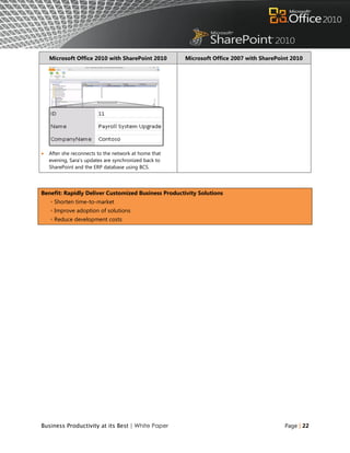 Microsoft Office 2010 with SharePoint 2010         Microsoft Office 2007 with SharePoint 2010




   After she reconnects to the network at home that
    evening, Sara‟s updates are synchronized back to
    SharePoint and the ERP database using BCS.




Benefit: Rapidly Deliver Customized Business Productivity Solutions
    ◦ Shorten time-to-market
    ◦ Improve adoption of solutions
    ◦ Reduce development costs




Business Productivity at its Best | White Paper                                           Page | 22
 