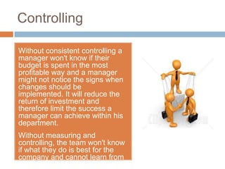 Controlling

Without consistent controlling a
manager won't know if their
budget is spent in the most
profitable way and a manager
might not notice the signs when
changes should be
implemented. It will reduce the
return of investment and
therefore limit the success a
manager can achieve within his
department.
Without measuring and
controlling, the team won't know
if what they do is best for the
company and cannot learn from
previous mistakes. Therefore
 