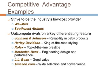 Competitive Advantage
Examples
   Strive to be the industry’s low-cost provider
     Wal-Mart
     Southwest Airlines

   Outcompete rivals on a key differentiating feature
     Johnson & Johnson – Reliability in baby products
     Harley-Davidson – King-of-the-road styling
     Rolex – Top-of-the-line prestige
     Mercedes-Benz – Engineering design and
      performance
     L.L. Bean – Good value
     Amazon.com – Wide selection and convenience
 