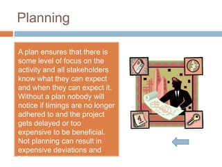 Planning

A plan ensures that there is
some level of focus on the
activity and all stakeholders
know what they can expect
and when they can expect it.
Without a plan nobody will
notice if timings are no longer
adhered to and the project
gets delayed or too
expensive to be beneficial.
Not planning can result in
expensive deviations and
failures.
 