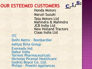 Honda Motors
Maruti Suzuki
Tata Motors Ltd
Mahindra & Mahindra
JCB India Ltd
New Holland Tractors
Claas India Ltd
ITC
Delhi Metro – Bombardier
Aditya Birla Group
Eveready Ind.
Dabur India
Torrent Pharmaceuticals
Nicholas Piramal Healthcare
Godrej Boyce Co. Ltd.
Philips - Preethi Appliances
 