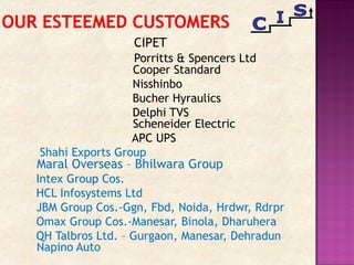CIPET
Porritts & Spencers Ltd
Cooper Standard
Nisshinbo
Bucher Hyraulics
Delphi TVS
Scheneider Electric
APC UPS
Shahi Exports Group
Maral Overseas – Bhilwara Group
Intex Group Cos.
HCL Infosystems Ltd
JBM Group Cos.-Ggn, Fbd, Noida, Hrdwr, Rdrpr
Omax Group Cos.-Manesar, Binola, Dharuhera
QH Talbros Ltd. – Gurgaon, Manesar, Dehradun
Napino Auto
 