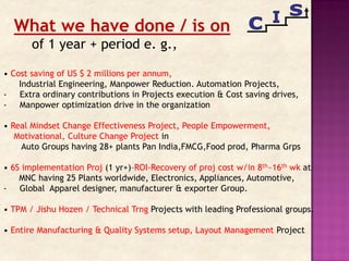 What we have done / is on
of 1 year + period e. g.,
• Cost saving of US $ 2 millions per annum,
Industrial Engineering, Manpower Reduction. Automation Projects,
- Extra ordinary contributions in Projects execution & Cost saving drives,
- Manpower optimization drive in the organization
• Real Mindset Change Effectiveness Project, People Empowerment,
Motivational, Culture Change Project in
Auto Groups having 28+ plants Pan India,FMCG,Food prod, Pharma Grps
• 6S implementation Proj (1 yr+)–ROI-Recovery of proj cost w/in 8th~16th wk at
MNC having 25 Plants worldwide, Electronics, Appliances, Automotive,
- Global Apparel designer, manufacturer & exporter Group.
• TPM / Jishu Hozen / Technical Trng Projects with leading Professional groups.
• Entire Manufacturing & Quality Systems setup, Layout Management Project
 
