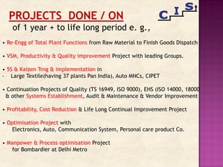PROJECTS DONE / ON
of 1 year + to life long period e. g.,
• Re-Engg of Total Plant Functions from Raw Material to Finish Goods Dispatch
• VSM, Productivity & Quality improvement Project with leading Groups.
• 5S & Kaizen Trng & implementation in
- Large Textile(having 37 plants Pan India), Auto MNCs, CIPET
• Continuation Projects of Quality (TS 16949, ISO 9000), EHS (ISO 14000, 18000
& other Systems Establishment, Audit & Maintenance & Vendor Improvement
• Profitability, Cost Reduction & Life Long Continual Improvement Project
• Optimisation Project with
Electronics, Auto, Communication System, Personal care product Co.
• Manpower & Process optimisation Project
for Bombardier at Delhi Metro
 