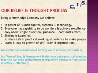 Being a Knowledge Company we believe
1. in power of Human capital, Systems & Technology.
2. Everyone has capability to do wonders & achieve excellence,
only need is right direction, guidance & continual effort.
3. Sharing is Learning,
so share Life & practical working experience to make people
. learn & lead to growth of self, team & organisation.
We are fully passionate about helping you to achieve your Goals so,
Our Team of Engg & Management Professionals give practical solutions
that help Pan India organizations to implement various new initiatives
smoothly & effectively.
 
