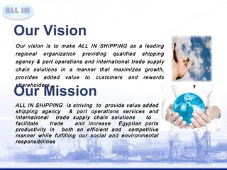 Our Vision 
Our vision is to make ALL IN SHIPPING as a leading 
regional organization providing qualified shipping 
agency & port operations and international trade supply 
chain solutions in a manner that maximizes growth, 
provides added value to customers and rewards 
shareholders. 
Our Mission 
ALL IN SHIPPING is striving to provide value added 
shipping agency & port operations services and 
international trade supply chain solutions to 
facilitate trade and increase Egyptian ports 
productivity in both an efficient and competitive 
manner while fulfilling our social and environmental 
responsibilities 
 