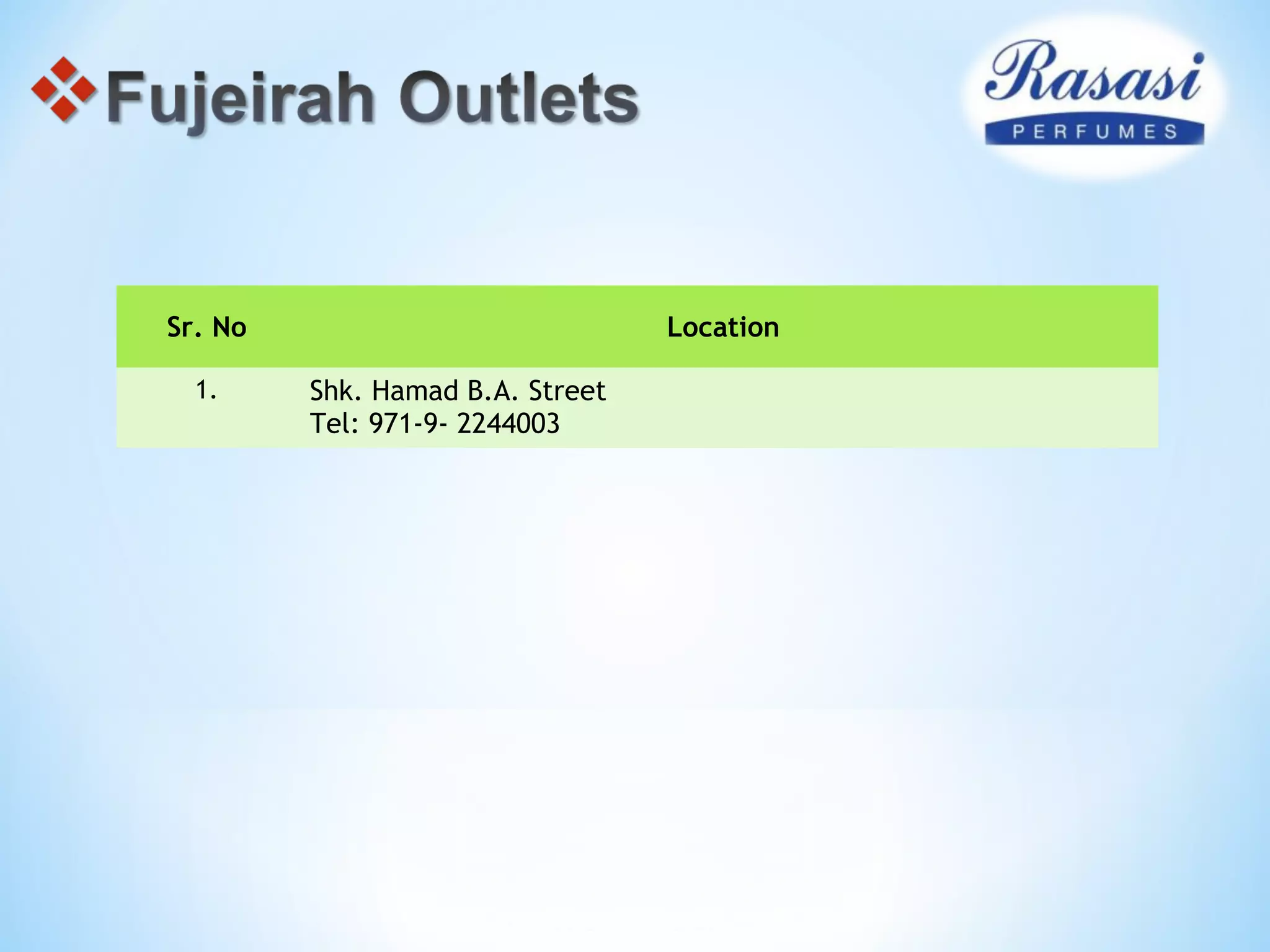 Sr. No Location
1. Shk. Hamad B.A. Street
Tel: 971-9- 2244003
 