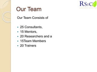 Our Team
Our Team Consists of
 25 Consultants,
 15 Mentors,
 20 Researchers and a
 15Team Members
 20 Trainers
 