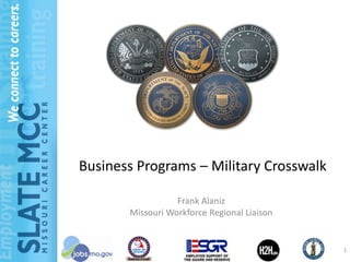 Business Programs – Military Crosswalk

                  Frank Alaniz
       Missouri Workforce Regional Liaison


                                             1
 