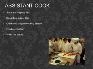 ASSISTANT COOK
• Store and dispose food
• Recording supply Use
• Clean and prepare cooking station
• Food preparation
• Wash the plates
 