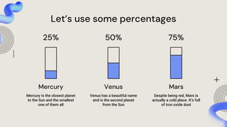 Let’s use some percentages
Mercury is the closest planet
to the Sun and the smallest
one of them all
Mercury
Venus has a beautiful name
and is the second planet
from the Sun
Venus
Despite being red, Mars is
actually a cold place. It’s full
of iron oxide dust
Mars
50% 75%
25%
 