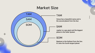 Market Size
Venus has a beautiful name and is
the second planet from the Sun
Neptune is the farthest from the Sun.
It’s also the fourth-largest planet
Jupiter is a gas giant and the biggest
planet in the Solar System
TAM
SOM
SAM
TAM
SOM
SAM
 