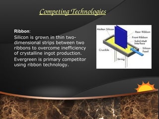 Ribbon:
Silicon is grown in thin two-
dimensional strips between two
ribbons to overcome inefficiency
of crystalline ingot...