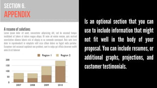 Section 6.

Appendix
A resume of solutions

Lorem ipsum dolor sit amet, consectetur adipisicing elit, sed do eiusmod tempor
incididunt ut labore et dolore magna aliqua. Ut enim ad minim veniam, quis nostrud
exercitation ullamco laboris nisi ut aliquip ex ea commodo consequat. Duis aute irure
dolor in reprehenderit in voluptate velit esse cillum dolore eu fugiat nulla pariatur.
Excepteur sint occaecat cupidatat non proident, sunt in culpa qui officia deserunt mollit
anim id est laborum
Region 1

Region 2

200
150
100
50
0

2007

2008

2009

2010

Is an optional section that you can
use to include information that might
not fit well in the body of your
proposal. You can include resumes, or
additional graphs, projections, and
customer testimonials.

 