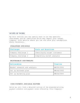 5
SCOPE OF WORK
By this section you can really zero in on the specific
challenges you’ve identified which may impact your target
company. Give details where you can and show your assumptions
where necessary.
CHALLENGES AND GOALS
Challenges Goals and Objectives
Company challenge 1 Identifying target customers
Company challenge 2 Completing market analysis
DELIVERABLES AND TIMELINE
Deliverables Timeline
Market research and analysis MM/DD/YYYY
Set up business plan MM/DD/YYYY
Set up marketing plan MM/DD/YYYY
COST, PAYMENT, AND LEGAL MATTERS
Below you will find a detailed outline of the proposed pricing,
payment schedule and payment terms offered by [Your Company]:
 