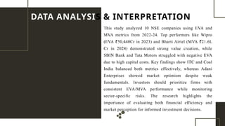 DATA ANALYSIS & INTERPRETATION
This study analyzed 10 NSE companies using EVA and
MVA metrics from 2022-24. Top performers like Wipro
(EVA 50,440Cr in 2023) and Bharti Airtel (MVA 21.6L
₹ ₹
Cr in 2024) demonstrated strong value creation, while
SBIN Bank and Tata Motors struggled with negative EVA
due to high capital costs. Key findings show ITC and Coal
India balanced both metrics effectively, whereas Adani
Enterprises showed market optimism despite weak
fundamentals. Investors should prioritize firms with
consistent EVA/MVA performance while monitoring
sector-specific risks. The research highlights the
importance of evaluating both financial efficiency and
market perception for informed investment decisions.
 