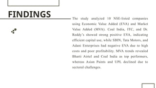 FINDINGS The study analyzed 10 NSE-listed companies
using Economic Value Added (EVA) and Market
Value Added (MVA). Coal India, ITC, and Dr.
Reddy’s showed strong positive EVA, indicating
efficient capital use, while SBIN, Tata Motors, and
Adani Enterprises had negative EVA due to high
costs and poor profitability. MVA trends revealed
Bharti Airtel and Coal India as top performers,
whereas Asian Paints and UPL declined due to
sectoral challenges.
FRADEL AND SPIES
 