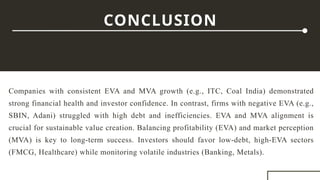 Companies with consistent EVA and MVA growth (e.g., ITC, Coal India) demonstrated
strong financial health and investor confidence. In contrast, firms with negative EVA (e.g.,
SBIN, Adani) struggled with high debt and inefficiencies. EVA and MVA alignment is
crucial for sustainable value creation. Balancing profitability (EVA) and market perception
(MVA) is key to long-term success. Investors should favor low-debt, high-EVA sectors
(FMCG, Healthcare) while monitoring volatile industries (Banking, Metals).
CONCLUSION
 