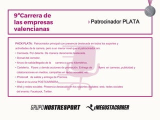 PACK PLATA: Patrocinador principal con presencia destacada en todos los soportes y
actividades de la carrera, pero a un menor nivel que el patrocinador oro.
• Camiseta. Por delante. De manera claramente destacada.
• Dorsal del corredor.
• Arcos de salida/llegada de la carrera o punto kilométrico.
• Cartelería, Flyers y demás acciones de promoción. Entrega de flyers en carreras, publicidad y
colaboraciones en medios, campañas en redes sociales, etc.
• Photocall de salida y entrega de Premios.
• Stand en la zona POSTCARRERA.
• Web y redes sociales. Presencia destacada en los soportes digitales: web, redes sociales
del evento: Facebook, Twitter.
› Patrocinador PLATA
 