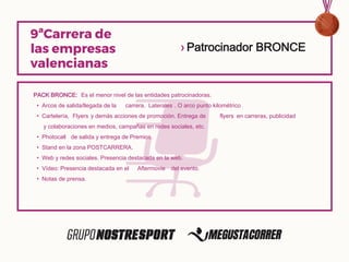 PACK BRONCE: Es el menor nivel de las entidades patrocinadoras.
• Arcos de salida/llegada de la carrera. Laterales . O arco punto kilométrico
• Cartelería, Flyers y demás acciones de promoción. Entrega de flyers en carreras, publicidad
y colaboraciones en medios, campañas en redes sociales, etc.
• Photocall de salida y entrega de Premios.
• Stand en la zona POSTCARRERA.
• Web y redes sociales. Presencia destacada en la web.
• Vídeo: Presencia destacada en el Aftermovie del evento.
• Notas de prensa.
› Patrocinador BRONCE
 