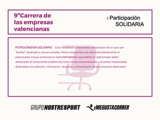 › Participación
SOLIDARIA
PATROCINADOR SOLIDARIO : Esta modalidad compromete a la donación de un euro por
“finisher” destinado a causas sociales. Dicho compromiso que efectuará directamente el
patrocinador incluye presencia en todos los soportes equivalente al “patrocinador plata”
destacando el componente solidario así como en las comunicaciones y acciones emprendidas
destinadas a la selección, información, donación y comunicación de los proyectos destinados.
 