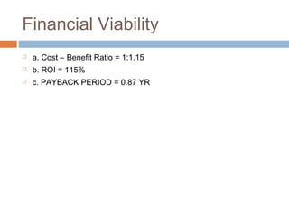 Financial Viability
 a. Cost – Benefit Ratio = 1:1.15
 b. ROI = 115%
 c. PAYBACK PERIOD = 0.87 YR
 