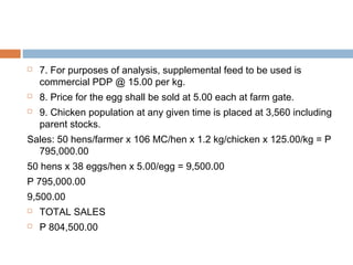  7. For purposes of analysis, supplemental feed to be used is
commercial PDP @ 15.00 per kg.
 8. Price for the egg shall be sold at 5.00 each at farm gate.
 9. Chicken population at any given time is placed at 3,560 including
parent stocks.
Sales: 50 hens/farmer x 106 MC/hen x 1.2 kg/chicken x 125.00/kg = P
795,000.00
50 hens x 38 eggs/hen x 5.00/egg = 9,500.00
P 795,000.00
9,500.00
 TOTAL SALES
 P 804,500.00
 