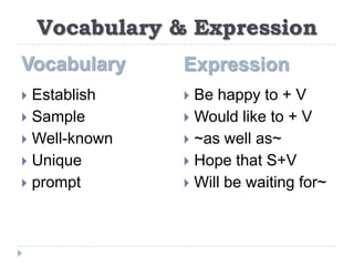 Vocabulary & ExpressionVocabularyExpressionEstablishSampleWell-knownUniquepromptBe happy to + VWould like to + V~as well as~ Hope that S+VWill be waiting for~