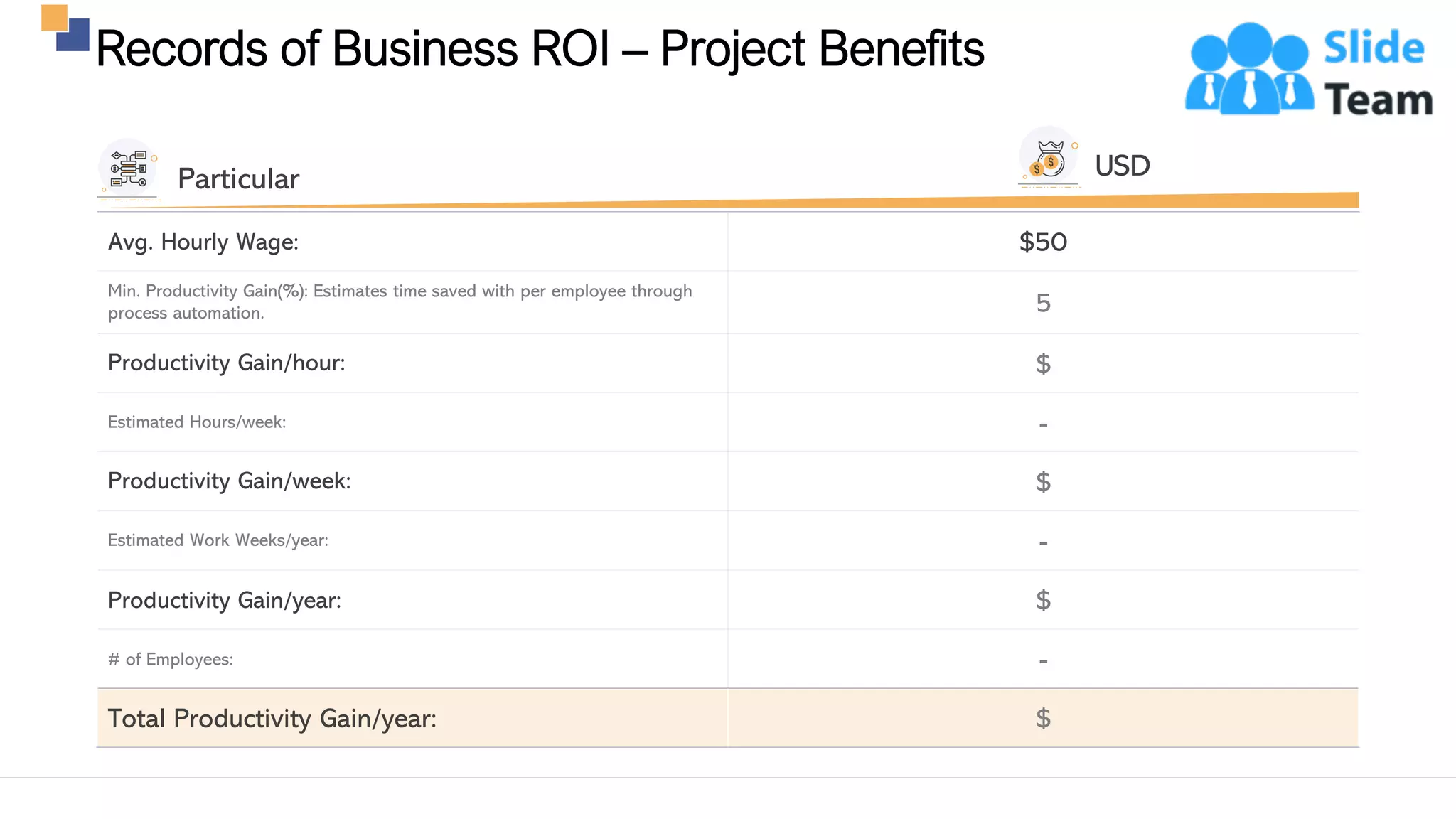 Records of Business ROI – Project Benefits
14
Avg. Hourly Wage: $50
Min. Productivity Gain(%): Estimates time saved with per employee through
process automation. 5
Productivity Gain/hour: $
Estimated Hours/week: -
Productivity Gain/week: $
Estimated Work Weeks/year: -
Productivity Gain/year: $
# of Employees: -
Total Productivity Gain/year: $
USDParticular
This slide is 100% editable. Adapt it to your needs and capture your audience's attention.
 