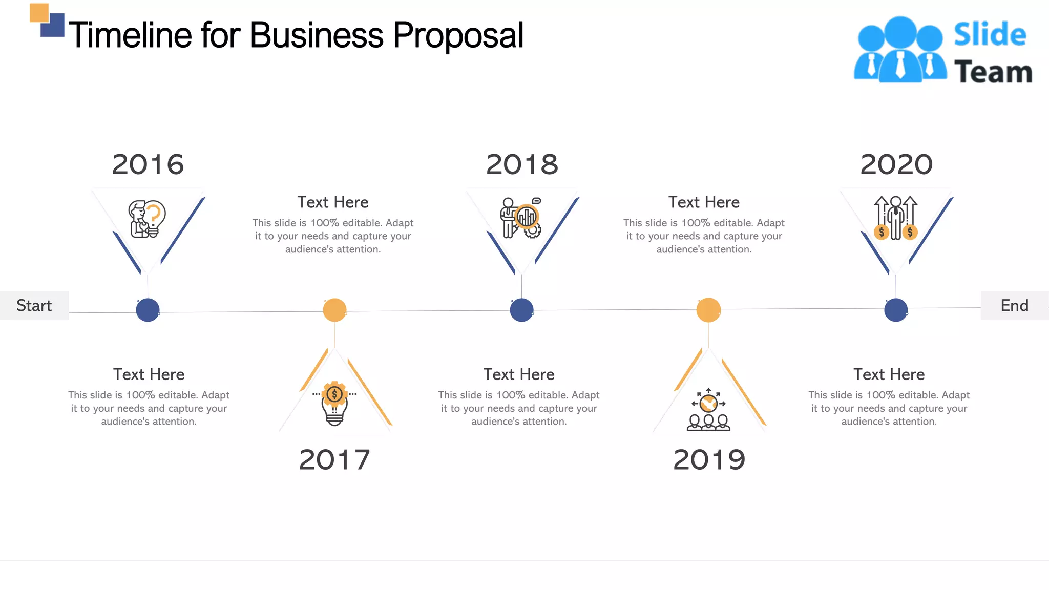 Timeline for Business Proposal
27
Start End
This slide is 100% editable. Adapt
it to your needs and capture your
audience's attention.
Text Here
This slide is 100% editable. Adapt
it to your needs and capture your
audience's attention.
Text Here
This slide is 100% editable. Adapt
it to your needs and capture your
audience's attention.
Text Here
This slide is 100% editable. Adapt
it to your needs and capture your
audience's attention.
Text Here
This slide is 100% editable. Adapt
it to your needs and capture your
audience's attention.
Text Here
20192017
202020182016
 