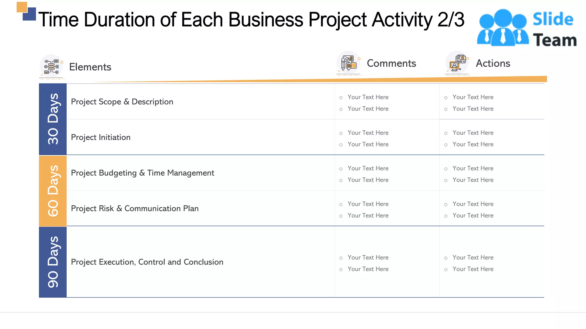 Time Duration of Each Business Project Activity 2/3
9
Project Scope & Description
o Your Text Here
o Your Text Here
o Your Text Here
o Your Text Here
Project Initiation
o Your Text Here
o Your Text Here
o Your Text Here
o Your Text Here
Project Budgeting & Time Management
o Your Text Here
o Your Text Here
o Your Text Here
o Your Text Here
Project Risk & Communication Plan
o Your Text Here
o Your Text Here
o Your Text Here
o Your Text Here
Project Execution, Control and Conclusion
o Your Text Here
o Your Text Here
o Your Text Here
o Your Text Here
30Days60Days90Days
Elements ActionsComments
This slide is 100% editable. Adapt it to your needs and capture your audience's attention.
 