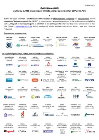 20 May 2015
Business proposals
in view of a 2015 international climate change agreement at COP 21 in Paris
*
1
By May 20th
2015, Chairmen / Chief Executive Officers (CEOs) of 59 international companies and 7 organizations already
support the “Business proposals for COP 21”. In order to ensure worldwide awareness of the Business community before
COP 21, they call on their counterparts to join them in the coming weeks before the September Climate Week in New
York (contact: Business@COP-21.org jointly managed by French Business Associations: MEDEF, Afep and Cercle de
l’Industrie).
7 supporting organizations:
UN GLOBAL
COMPACT
President of
WBCSD
Peter BAKKER
Business Europe
Emma
MARCEGAGLIA
President
Afep
Pierre PRINGUET
President
Cercle de l’Industrie
Philippe VARIN
President
MEDEF
Pierre GATTAZ
President
SYNTEC INGENIERIE
Nicolas JACHIET
President
59 supporting Chairmen / CEOs from international companies:
AIRBUS GROUPE
Denis RANQUE
Chairman
AIR LIQUIDE
Benoît POTIER
Chairman & CEO
ALSTOM
Patrick KRON
Chairman & CEO
AREVA
Philippe VARIN
Chairman
ARKEMA
Thierry le HENAFF
Chairman & CEO
AVIVA France
Nicolas SCHIMEL
CEO
AXA
Henri de CASTRIES
Chairman & CEO
BASF
Kurt BOCK
Chairman & CEO
BNP PARIBAS
Jean LEMIERRE
Chairman
BOUYGUES
Martin BOUYGUES
Chairman & CEO
BPCE
François PEROL
Chairman
COMPAGNIE DE SAINT
GOBAIN
Pierre-André de
CHALENDAR
Chairman & CEO
CREDIT AGRICOLE SA
Jean-Marie SANDER
Chairman & CEO
DCNS
Hervé GUILLOU
Chairman
DSM
Feike SIJBESMA
CEO
EDF
Jean-Bernard LEVY
Chairman & CEO
EGIS
Nicolas JACHIET
Chairman & CEO
ENGIE
Gérard MESTRALLET
Chairman & CEO
ERAMET
Patrick BUFFET
Chairman & CEO
FFP
Robert PEUGEOT
Chairman & CEO
FONCIERE DES
REGIONS
Christophe KULLMANN
CEO
GALERIES LAFAYETTE
Philippe HOUZE
Chairman of the
Management Board
GROUPE SEB
Thierry de la Tour
d’Artaise
Chairman & CEO
IMERYS
Gilles MICHEL
Chairman & CEO
JC DECAUX
Jean-Charles DECAUX
Co-CEO
KERING
François-Henri
PINAULT
Chairman & CE
KINGFISHER France
Daniel BERNARD
Chairman & CEO
LAFARGE
Bruno LAFONT
Chairman & CEO
LEGRAND
Gilles SCHNEPP
Chairman & CEO
L’OREAL
Jean-Paul AGON
Chairman & CEO
LVMH
Antonio BELLONI
CEO
MICHELIN
Jean-Dominique
SENARD
CEO
NESTLE France
Richard GIRARDOT
Chairman & CEO
NEUFLIZE OBC
Philippe VAYSSETTES
Chairman of the
Management Board
NEXANS
Frédéric VINCENT
Chairman
 
