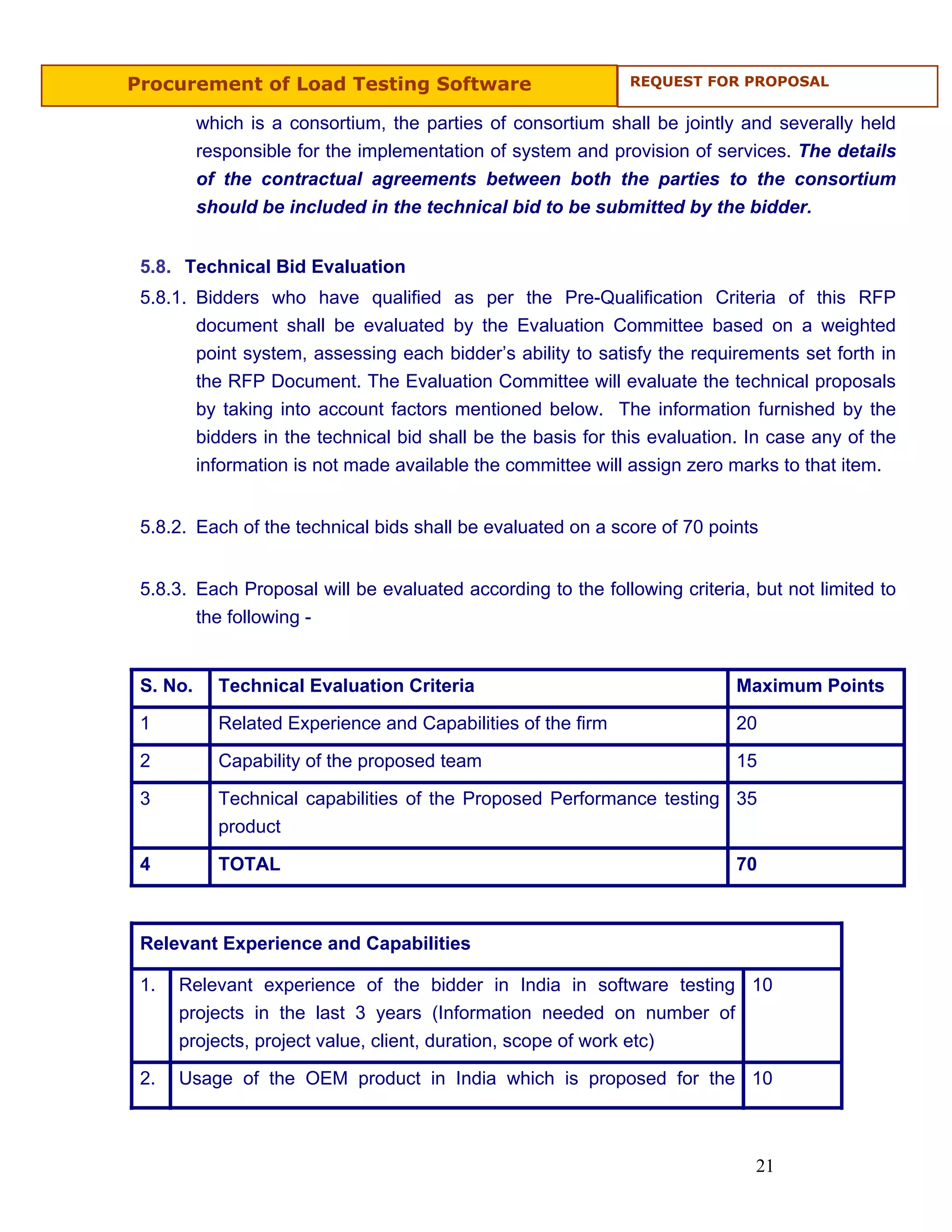 Procurement of Load Testing Software                          REQUEST FOR PROPOSAL


          which is a consortium, the parties of consortium shall be jointly and severally held
          responsible for the implementation of system and provision of services. The details
          of the contractual agreements between both the parties to the consortium
          should be included in the technical bid to be submitted by the bidder.


 5.8. Technical Bid Evaluation
 5.8.1. Bidders who have qualified as per the Pre-Qualification Criteria of this RFP
        document shall be evaluated by the Evaluation Committee based on a weighted
        point system, assessing each bidder’s ability to satisfy the requirements set forth in
        the RFP Document. The Evaluation Committee will evaluate the technical proposals
        by taking into account factors mentioned below. The information furnished by the
        bidders in the technical bid shall be the basis for this evaluation. In case any of the
        information is not made available the committee will assign zero marks to that item.


 5.8.2. Each of the technical bids shall be evaluated on a score of 70 points


 5.8.3. Each Proposal will be evaluated according to the following criteria, but not limited to
        the following -


 S. No.     Technical Evaluation Criteria                                  Maximum Points

 1          Related Experience and Capabilities of the firm                20

 2          Capability of the proposed team                                15

 3          Technical capabilities of the Proposed Performance testing 35
            product

 4          TOTAL                                                          70



 Relevant Experience and Capabilities

 1.   Relevant experience of the bidder in India in software testing 10
      projects in the last 3 years (Information needed on number of
      projects, project value, client, duration, scope of work etc)

 2.   Usage of the OEM product in India which is proposed for the 10



                                                                             21
 