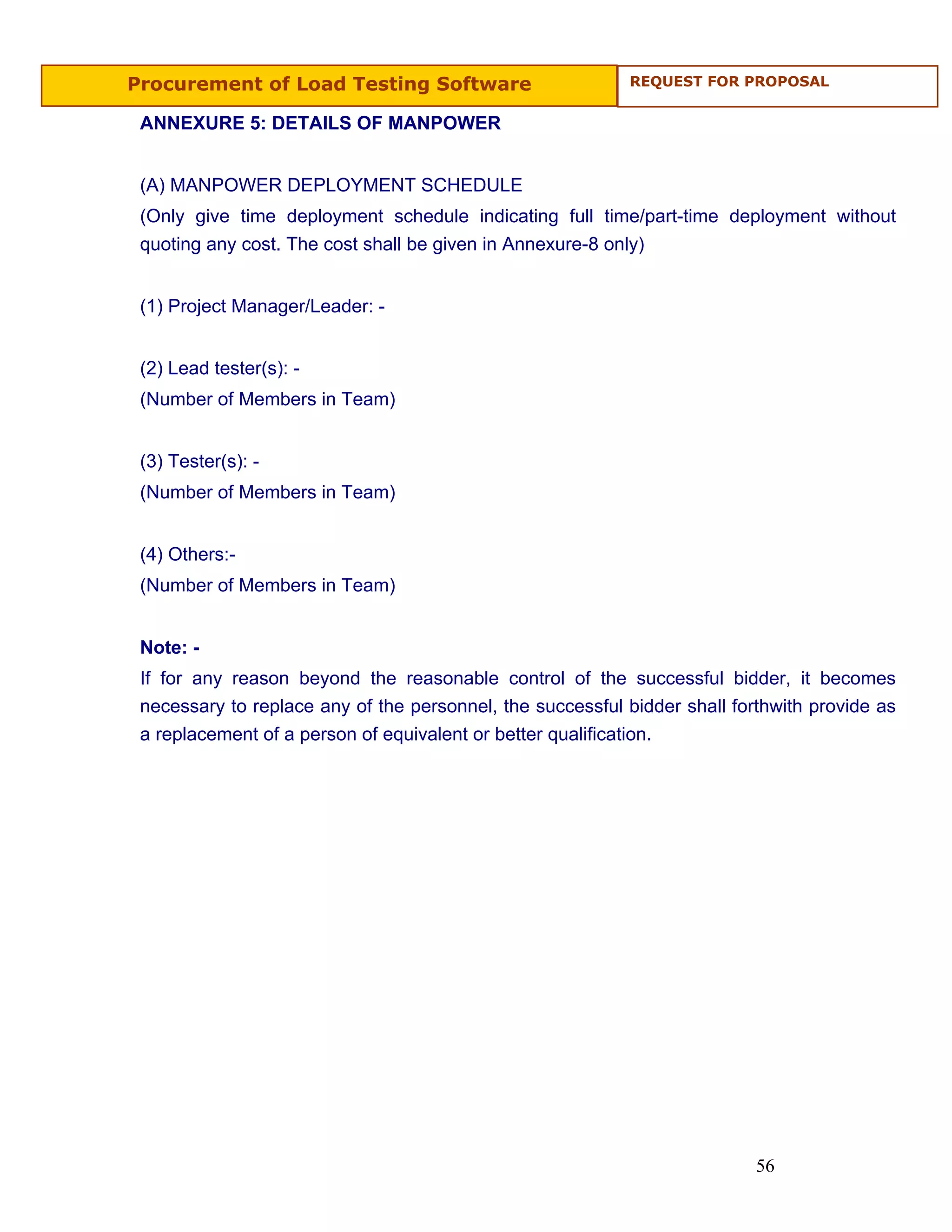 Procurement of Load Testing Software                       REQUEST FOR PROPOSAL


 ANNEXURE 5: DETAILS OF MANPOWER


 (A) MANPOWER DEPLOYMENT SCHEDULE
 (Only give time deployment schedule indicating full time/part-time deployment without
 quoting any cost. The cost shall be given in Annexure-8 only)


 (1) Project Manager/Leader: -


 (2) Lead tester(s): -
 (Number of Members in Team)


 (3) Tester(s): -
 (Number of Members in Team)


 (4) Others:-
 (Number of Members in Team)


 Note: -
 If for any reason beyond the reasonable control of the successful bidder, it becomes
 necessary to replace any of the personnel, the successful bidder shall forthwith provide as
 a replacement of a person of equivalent or better qualification.




                                                                           56
 