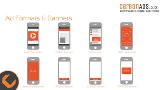 Ad Formats & Banners
Auto Play Video Native AdsMobile Banners Rich Media Ads
Interstitial Banners 300x50 Banner 320x50 Banner 300x250 Banner
carBOnADS.click
MULTICHANNEL-DIGITAL PUBLISHING
 