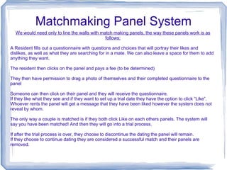 Matchmaking Panel System We would need only to line the walls with match making panels, the way these panels work is as follows: A Resident fills out a questionnaire with questions and choices that will portray their likes and dislikes, as well as what they are searching for in a mate. We can also leave a space for them to add anything they want. The resident then clicks on the panel and pays a fee (to be determined)  