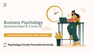 Business Psychology
(Summary from Ch.1 to Ch. 6)
Psychology Faculty Pancasila University
Dr. Seta A. Wicaksana, S.Psi., M.Psi., Psikolog
 