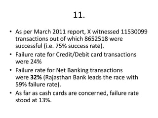 11.
• As per March 2011 report, X witnessed 11530099
  transactions out of which 8652518 were
  successful (i.e. 75% success rate).
• Failure rate for Credit/Debit card transactions
  were 24%
• Failure rate for Net Banking transactions
  were 32% (Rajasthan Bank leads the race with
  59% failure rate).
• As far as cash cards are concerned, failure rate
  stood at 13%.
 