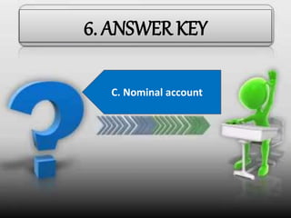 6. ANSWER KEY
B. MRTP Act
B. Prohibition of restrictive
Trade practices
C. Manipulation of
Price
A. 1991
A. To increase liquidity in
economy
A. Dividends declared
A. Interest coverage
ratio
C. Common size analysisA. Bank overdraftA. Zero Base BudgetingA. Return on Investment
A. Change in net working
capital
A. Replacement projectsC. Competitive advantageC. Nominal account
 