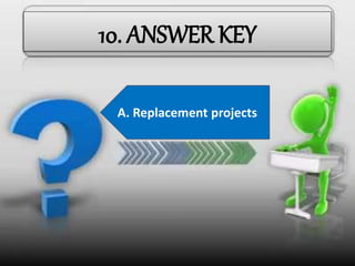 10. ANSWER KEY
B. MRTP Act
B. Prohibition of restrictive
Trade practices
C. Manipulation of
Price
A. 1991
A. To increase liquidity in
economy
A. Dividends declared
A. Interest coverage
ratio
C. Common size analysisA. Bank overdraftA. Zero Base BudgetingA. Return on Investment
A. Change in net working
capital
A. Replacement projects
 