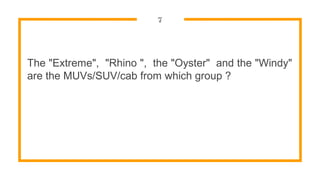 7
The "Extreme", "Rhino ", the "Oyster" and the "Windy"
are the MUVs/SUV/cab from which group ?
 