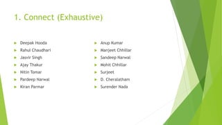 1. Connect (Exhaustive)
 Deepak Hooda
 Rahul Chaudhari
 Jasvir Singh
 Ajay Thakur
 Nitin Tomar
 Pardeep Narwal
 Kiran Parmar
 Anup Kumar
 Manjeet Chhillar
 Sandeep Narwal
 Mohit Chhillar
 Surjeet
 D. Cheralatham
 Surender Nada
 