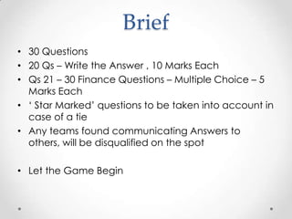 Brief,[object Object],30 Questions,[object Object],20 Qs – Write the Answer , 10 Marks Each,[object Object],Qs 21 – 30 Finance Questions – Multiple Choice – 5 Marks Each,[object Object],‘ Star Marked’ questions to be taken into account in case of a tie,[object Object],Any teams found communicating Answers to others, will be disqualified on the spot,[object Object],Let the Game Begin,[object Object]