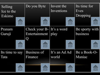 Do you Byte Invent the
Inventions
Its time for
Eves
Dropping
Pranam
Guruji
Check your B-
Entertainment
Q
It’s a word
play
Be sporty with
business
Its time to say
Tata
Business of
Finance
It’s an Ad Ad
world
Be a Book-O-
Maniac
Selling
Ice to the
Eskimos
 