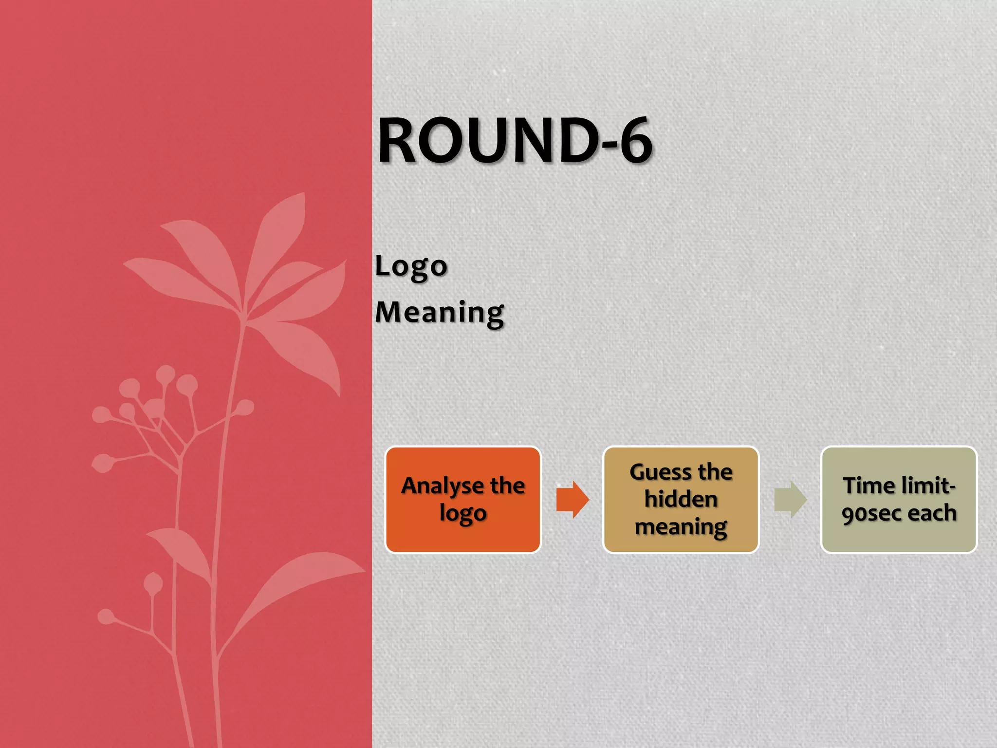 Logo
Meaning
ROUND-6
Analyse the
logo
Guess the
hidden
meaning
Time limit-
90sec each
 