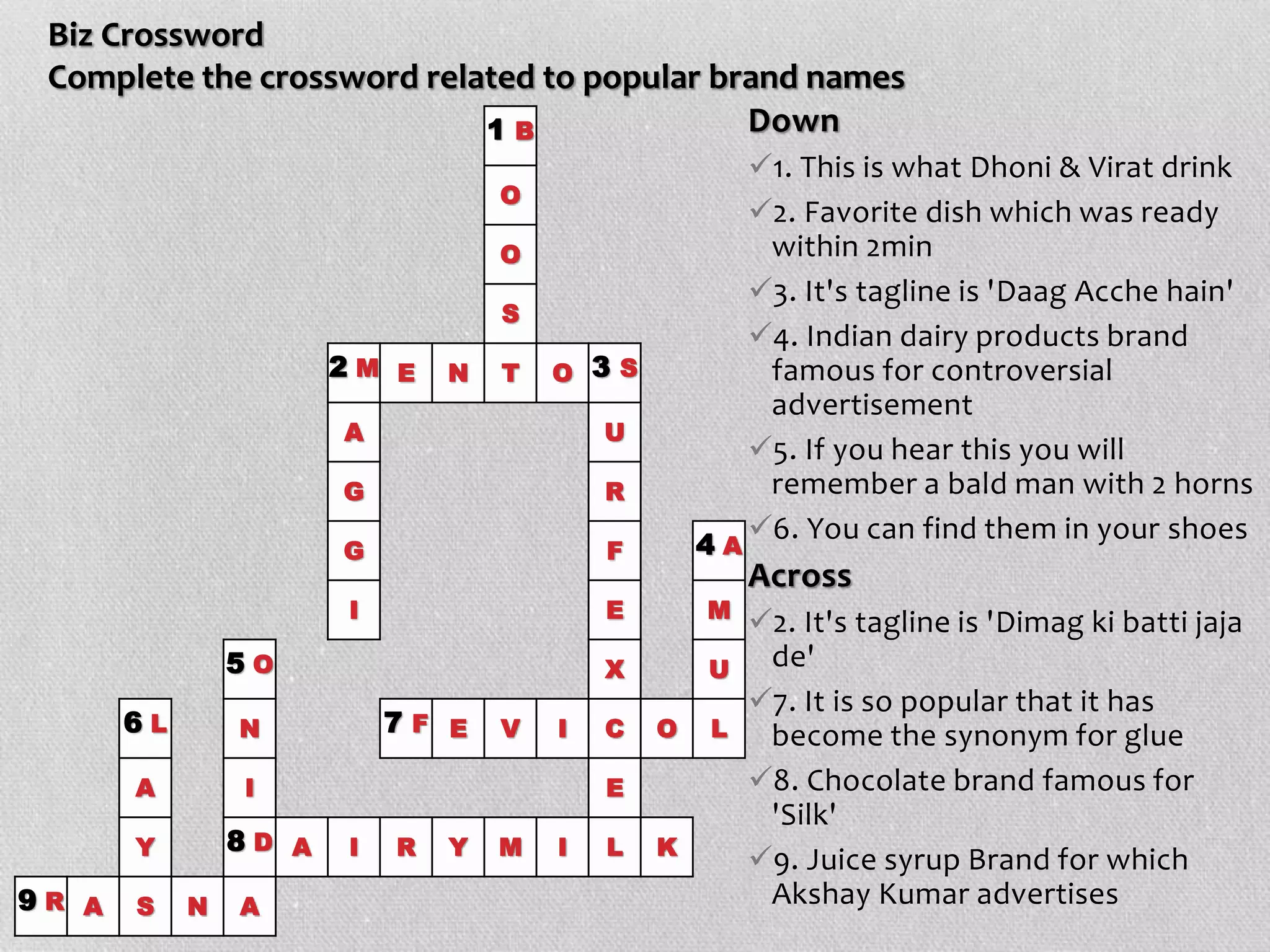 Biz Crossword
Complete the crossword related to popular brand names
1 B
O
O
S
2 M E N T O 3 S
A U
G R
G F 4 A
I E M
5 O X U
6 L N 7 F E V I C O L
A I E
Y 8 D A I R Y M I L K
9 R A S N A
Down
1. This is what Dhoni & Virat drink
2. Favorite dish which was ready
within 2min
3. It's tagline is 'Daag Acche hain'
4. Indian dairy products brand
famous for controversial
advertisement
5. If you hear this you will
remember a bald man with 2 horns
6. You can find them in your shoes
Across
2. It's tagline is 'Dimag ki batti jaja
de'
7. It is so popular that it has
become the synonym for glue
8. Chocolate brand famous for
'Silk'
9. Juice syrup Brand for which
Akshay Kumar advertises
 