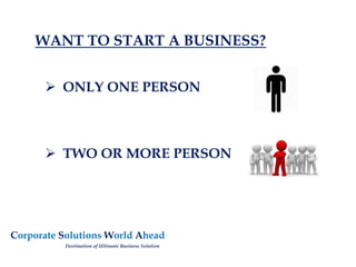 WANT TO START A BUSINESS?
 ONLY ONE PERSON
 TWO OR MORE PERSON
Corporate Solutions World Ahead
Destination of Ultimate Business Solution
 