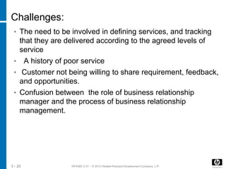 HF438S C.01 – © 2012 Hewlett-Packard Development Company, L.P.3 - 20
Challenges:
• The need to be involved in defining services, and tracking
that they are delivered according to the agreed levels of
service
• A history of poor service
• Customer not being willing to share requirement, feedback,
and opportunities.
• Confusion between the role of business relationship
manager and the process of business relationship
management.
 